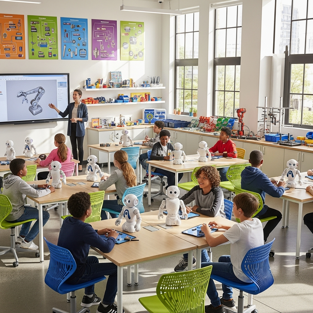 Students in a HumanoidX robotics academy classroom
